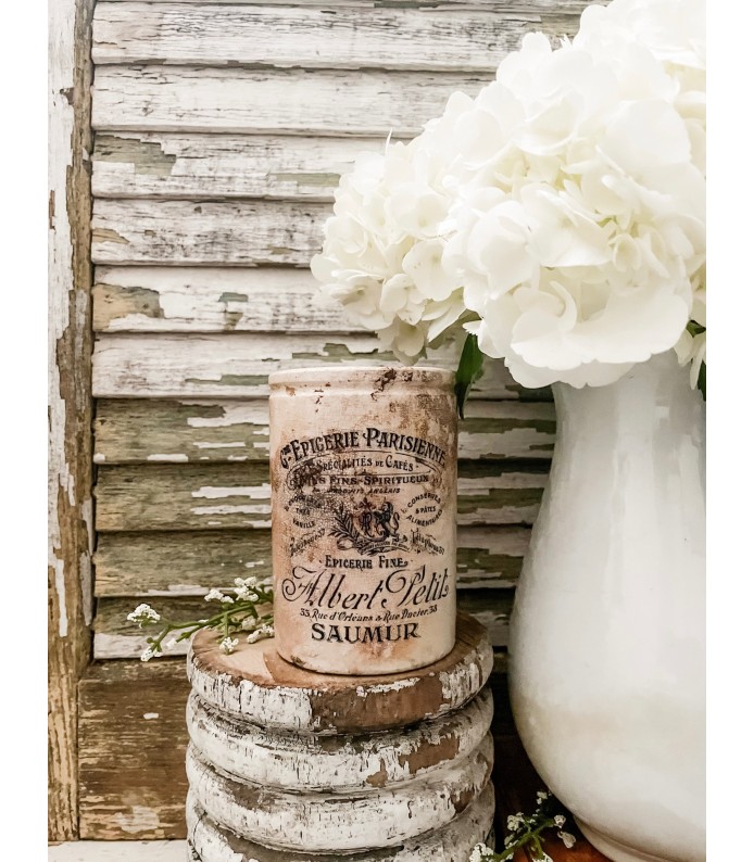 Antique Ironstone 1lb Crock w/ Albert Petit transfer, Beautiful Staining/Crazing